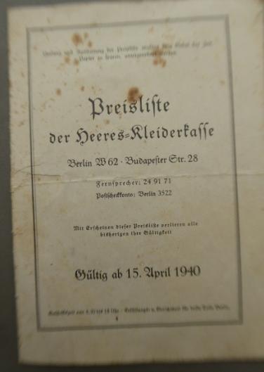 WEHRMACHT KLEIDERKASSE LIST FOR 1940